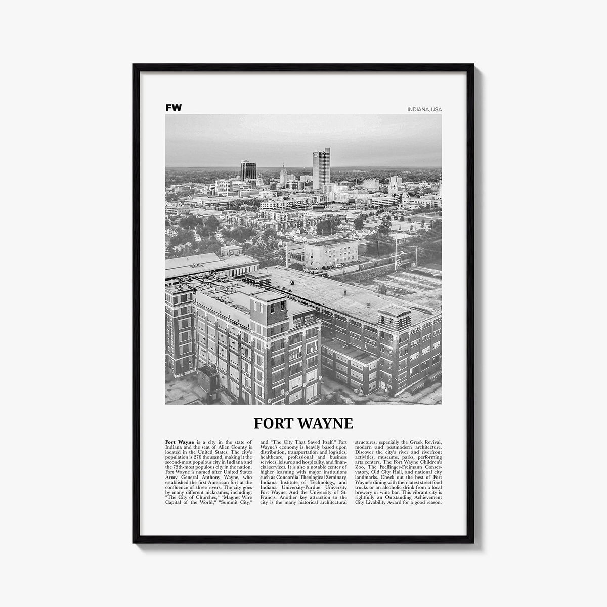 Fort Wayne no. 1 black & white newspaper poster of Indiana, USA – vertical wall art, unframed print shown in interior mockup