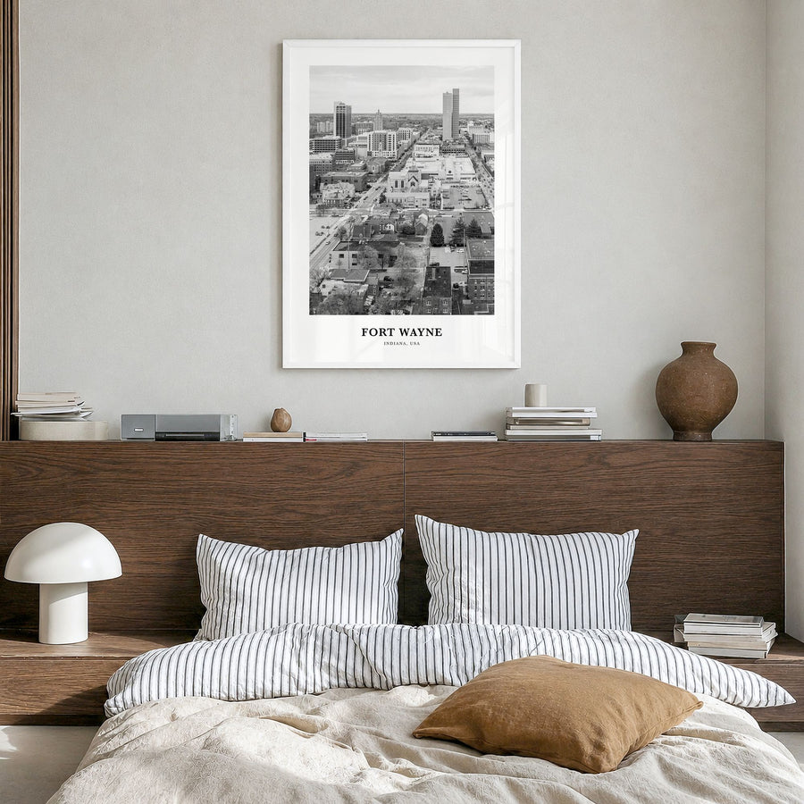 Fort Wayne Classic No 2 Poster in a white wood frame, hanging in a bedroom