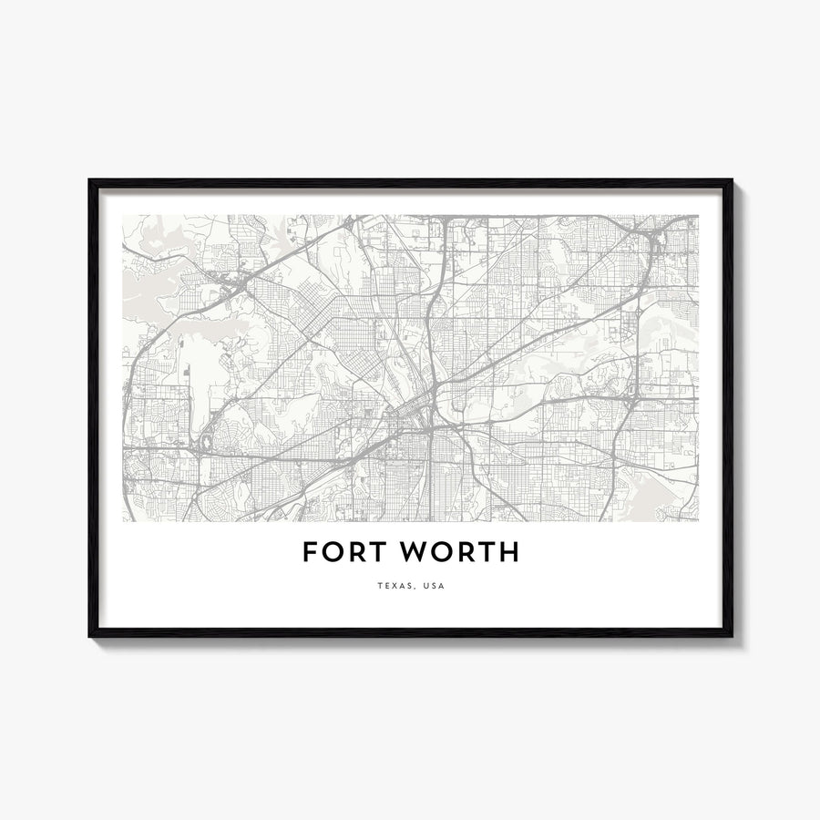 Fort Worth black & white map poster of Texas, USA – horizontal wall art, unframed print shown in interior mockup