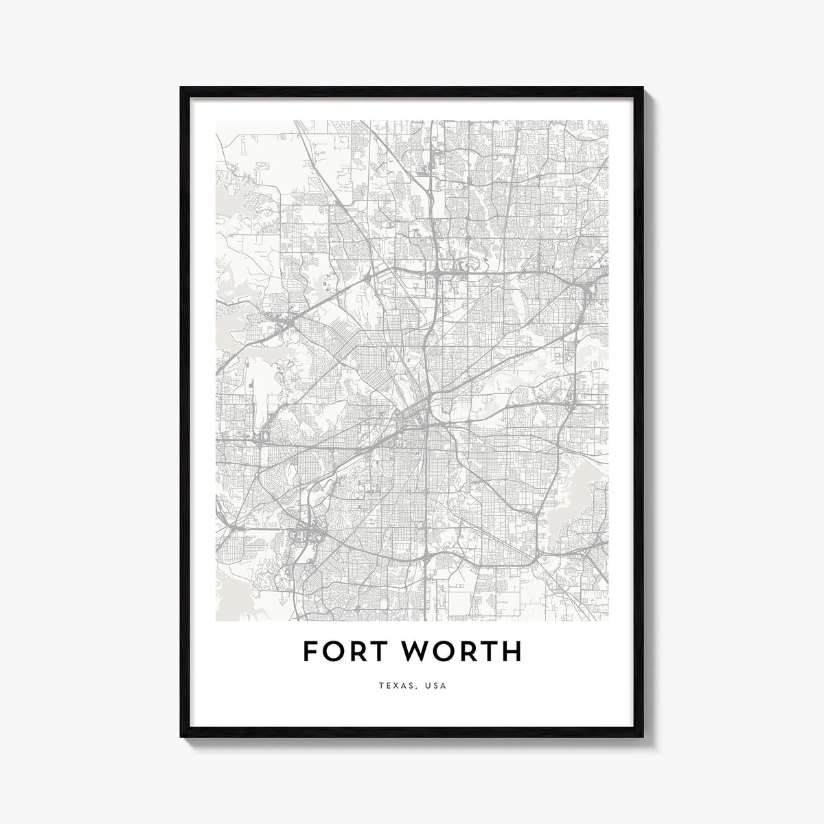 Fort Worth black & white map poster of Texas, USA – vertical wall art, unframed print shown in interior mockup