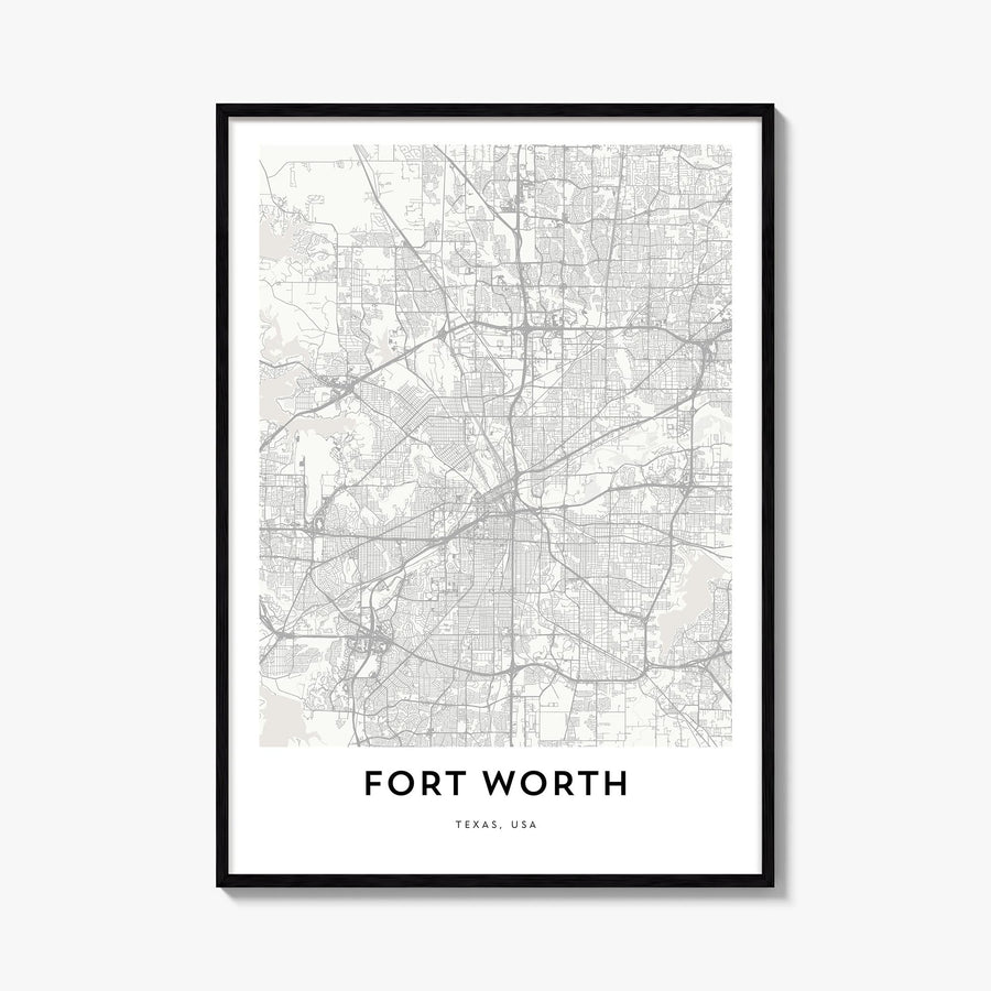 Fort Worth black & white map poster of Texas, USA – vertical wall art, unframed print shown in interior mockup