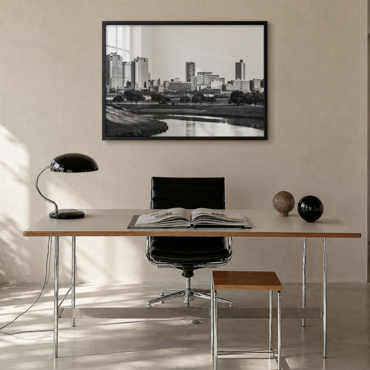 Fort Worth black & white photo poster of Texas, USA – horizontal wall art in black wood frame, hanging on wall
