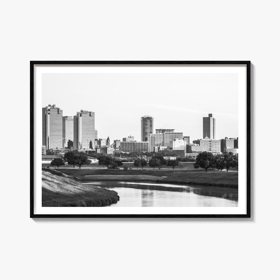 Fort Worth black & white photo poster of Texas, USA – horizontal wall art, unframed print shown in interior mockup