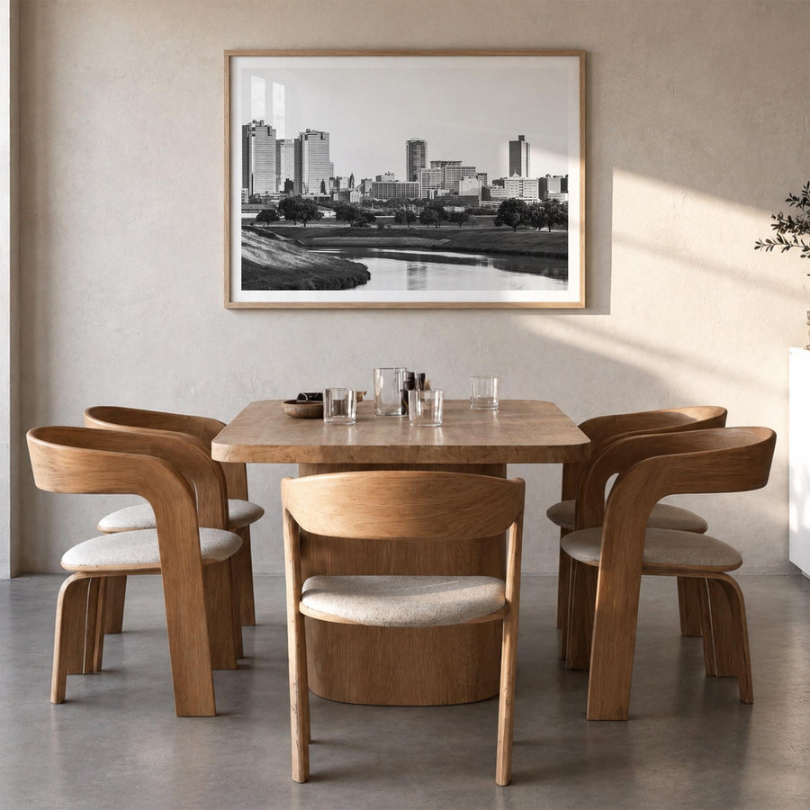Fort Worth black & white photo poster of Texas, USA – horizontal wall art in natural wood frame with white border, hanging on