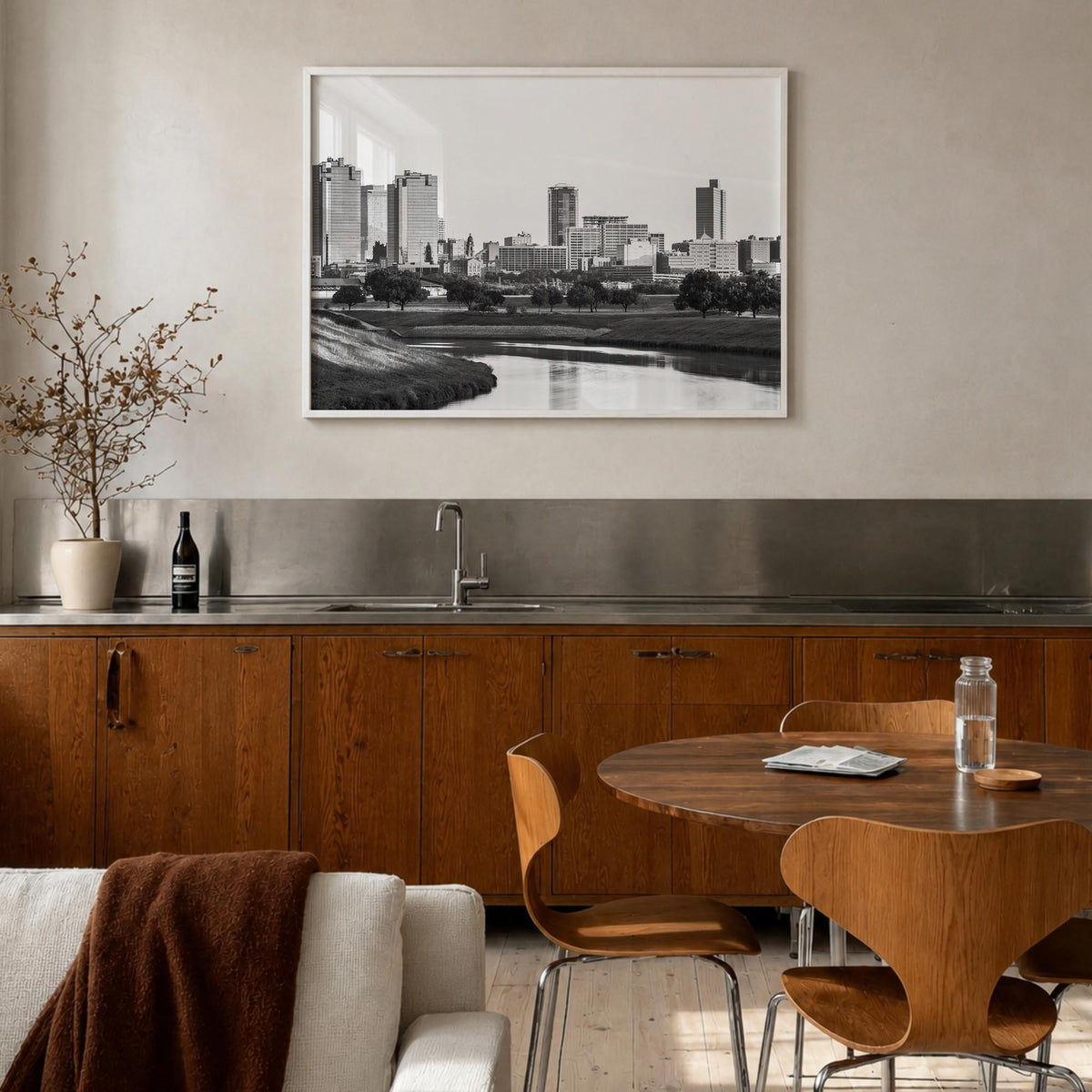 Fort Worth black & white photo poster of Texas, USA – horizontal wall art in white wood frame, hanging on wall