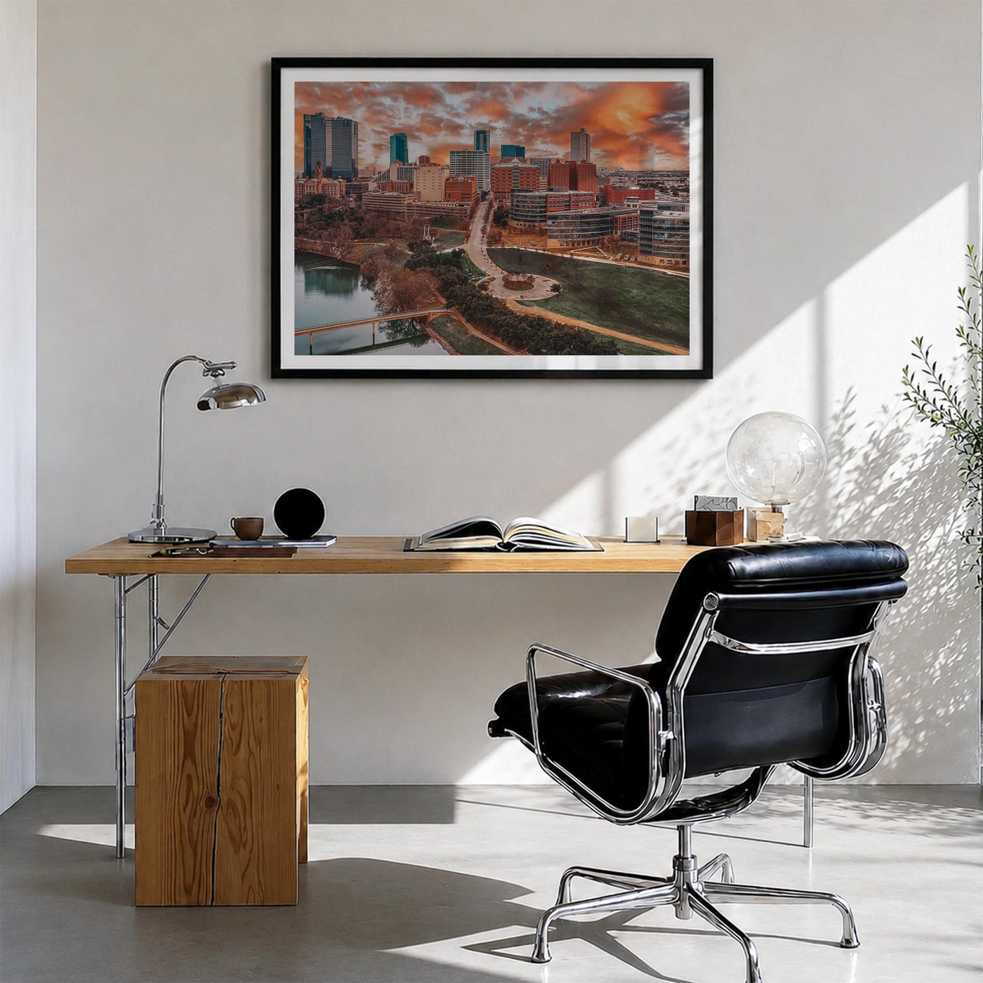 Fort Worth colorful photo poster of Texas, USA – horizontal wall art in black wood frame with white border, hanging on wall