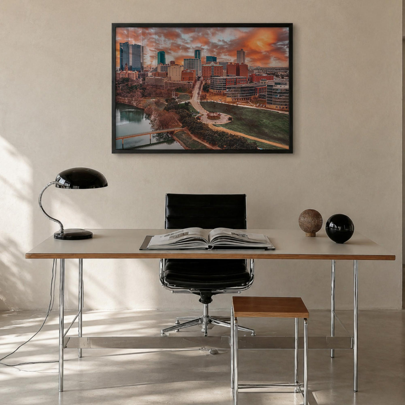 Fort Worth colorful photo poster of Texas, USA – horizontal wall art in black wood frame, hanging on wall