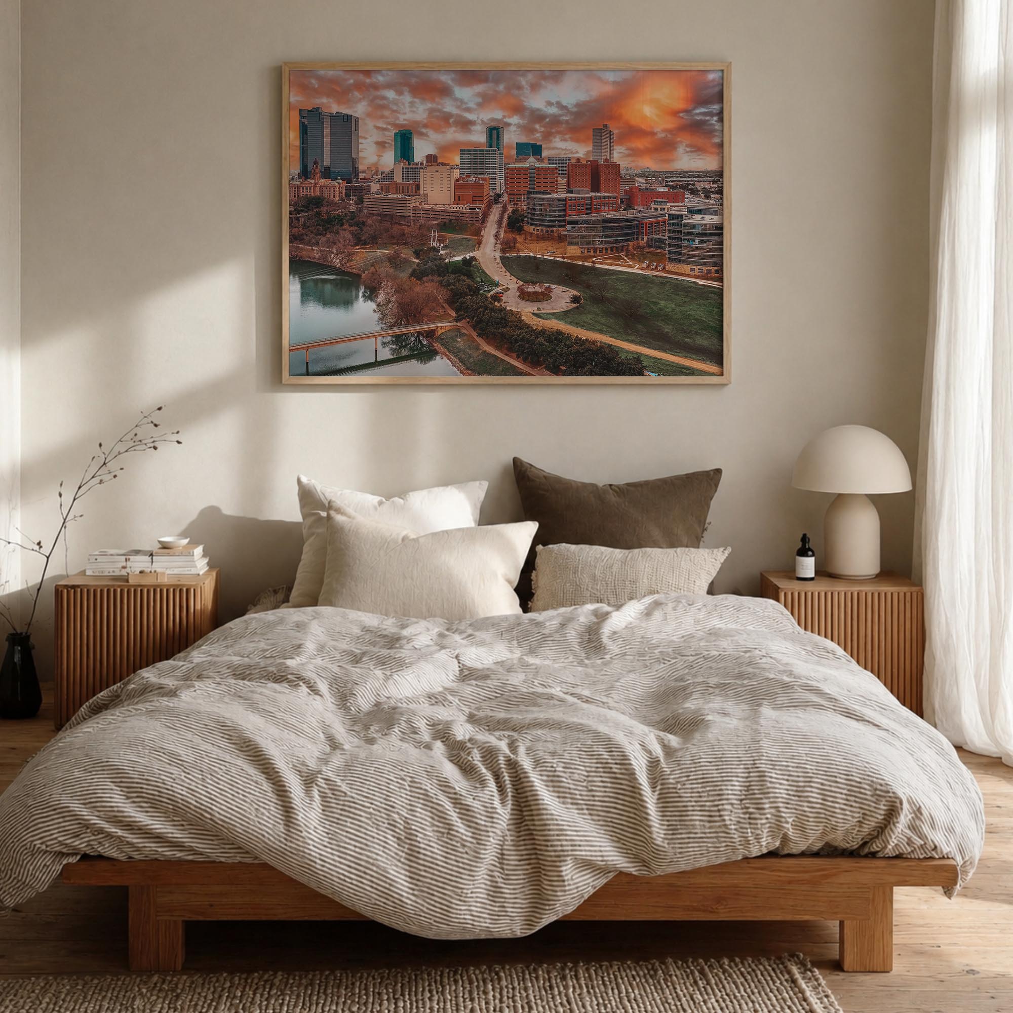 Fort Worth colorful photo poster of Texas, USA – horizontal wall art in natural wood frame, hanging on wall