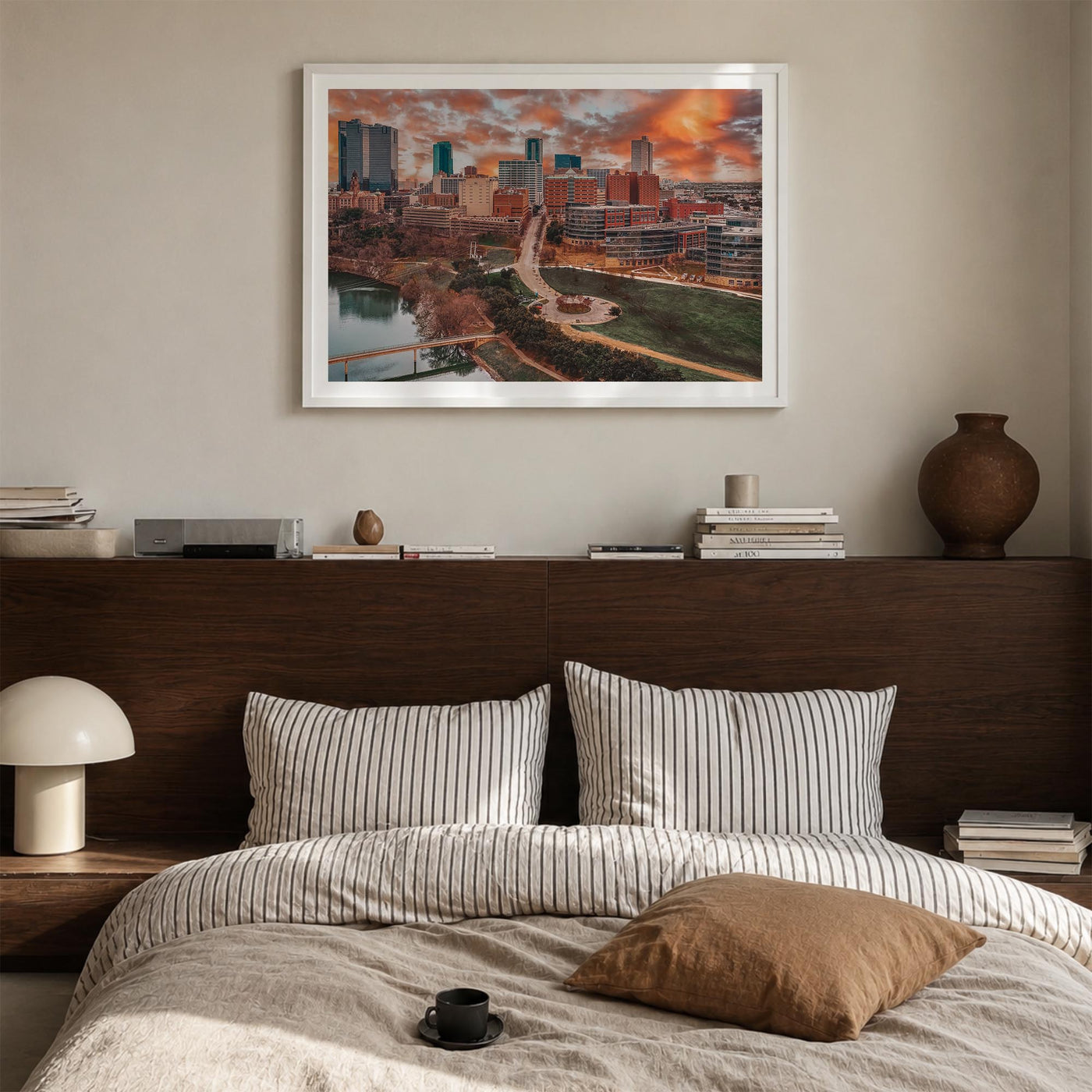 Fort Worth colorful photo poster of Texas, USA – horizontal wall art in white wood frame with white border, hanging on wall