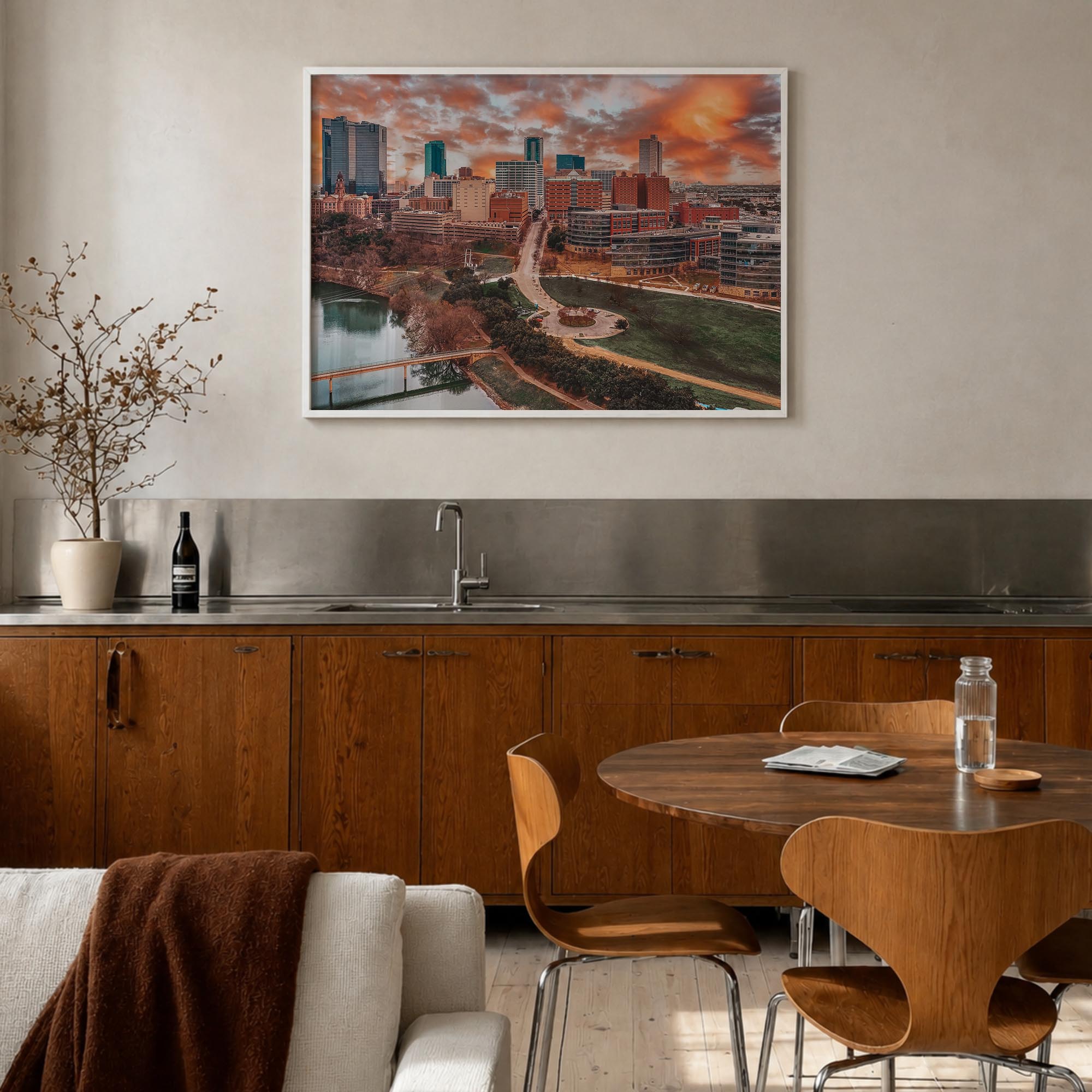 Fort Worth colorful photo poster of Texas, USA – horizontal wall art in white wood frame, hanging on wall