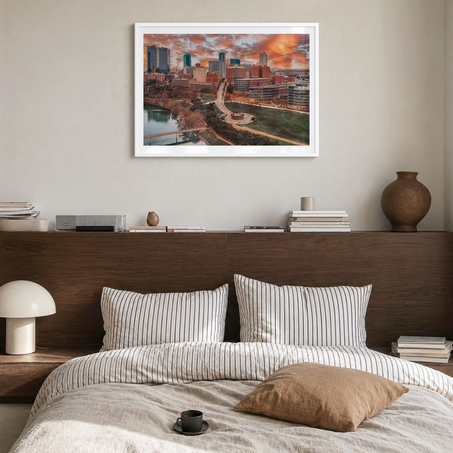 Fort Worth Photo Poster in a white wood frame, hanging in a bedroom, white border