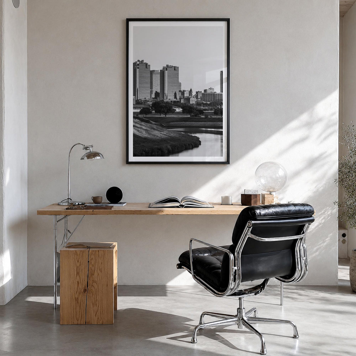 Fort Worth no. 1 black & white photo poster of Texas, USA – vertical wall art in black wood frame with white border, hanging 