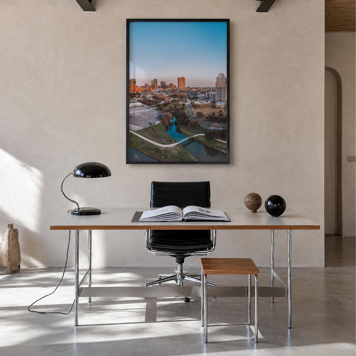 Fort Worth no. 1 colorful photo poster of Texas, USA – vertical wall art in black wood frame, hanging on wall