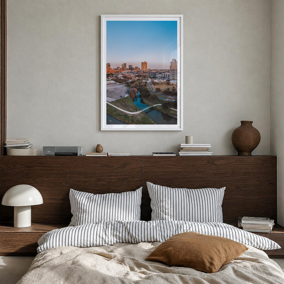 Fort Worth no. 1 colorful photo poster of Texas, USA – vertical wall art in white wood frame with white border, hanging on wa