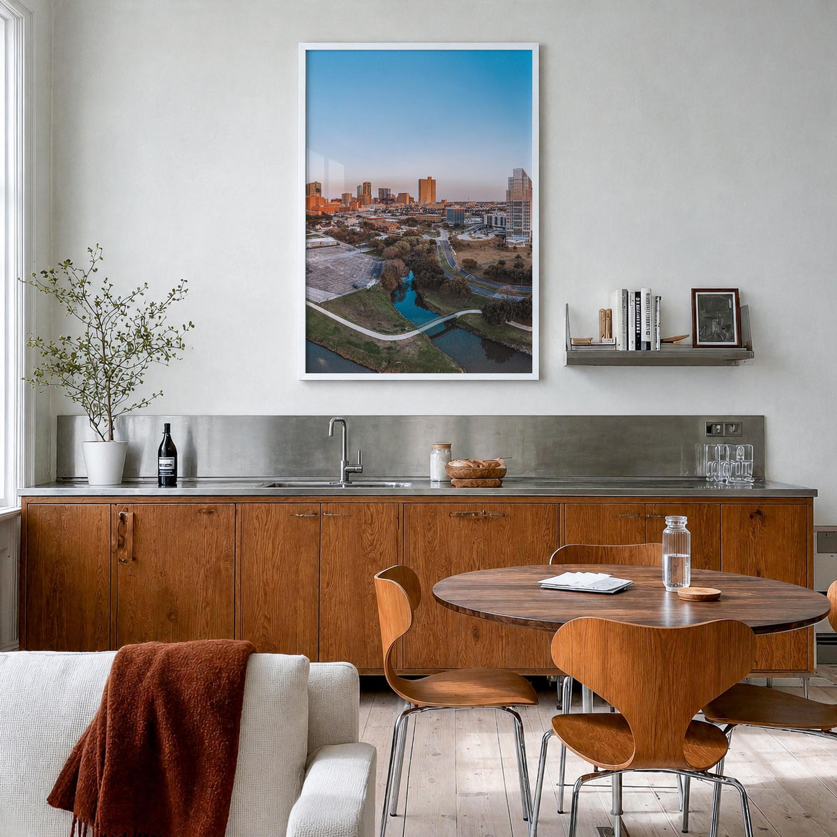 Fort Worth no. 1 colorful photo poster of Texas, USA – vertical wall art in white wood frame, hanging on wall
