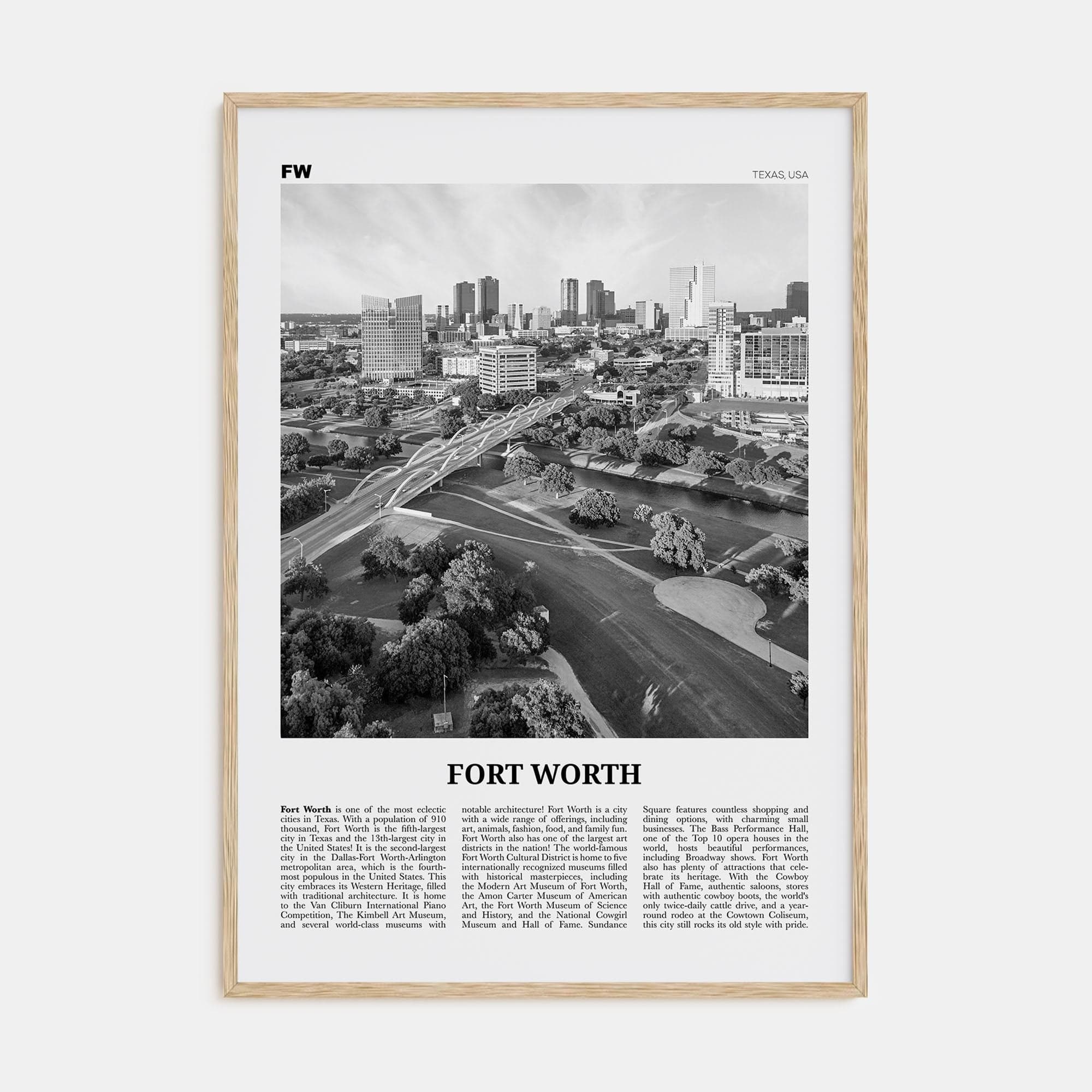 Fort Worth No 1 Poster Natural Wood / 8x12 in Nbourhood Travel B&W Poster