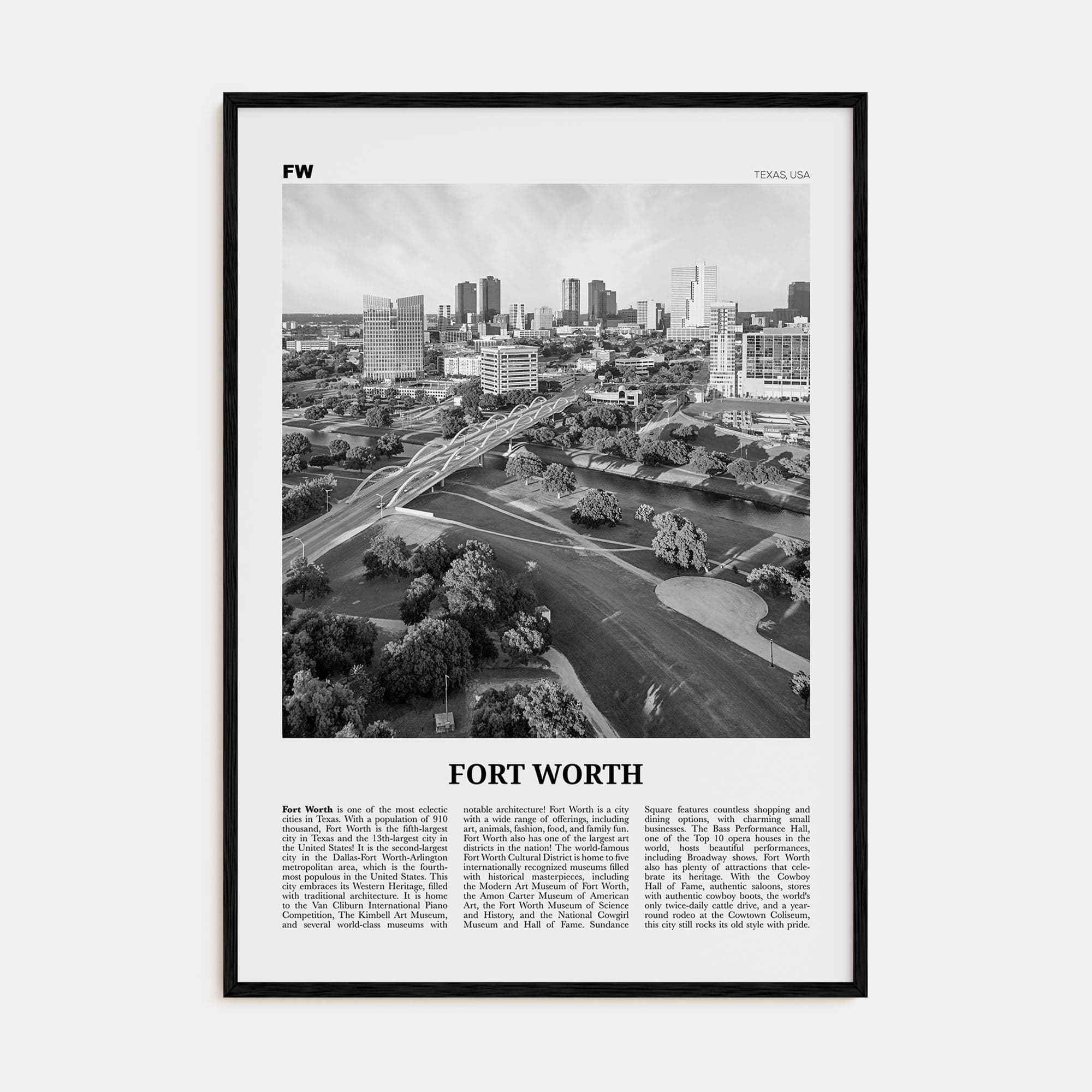 Fort Worth No 1 Poster Black Wood / 8x12 in Nbourhood Travel B&W Poster