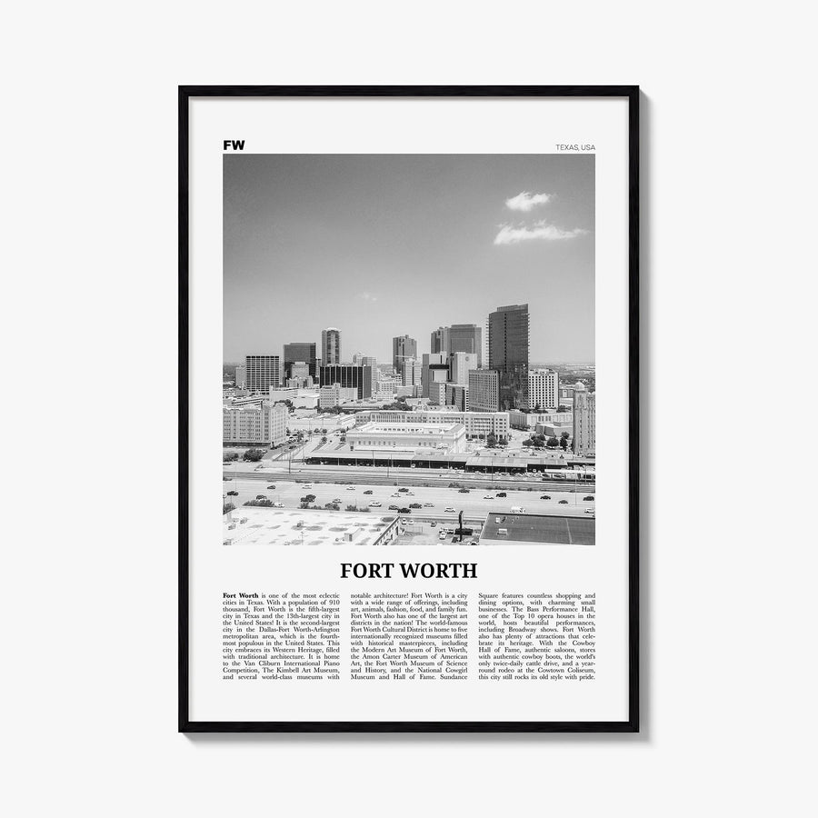 Fort Worth no. 2 black & white newspaper poster of Texas, USA – vertical wall art, unframed print shown in interior mockup