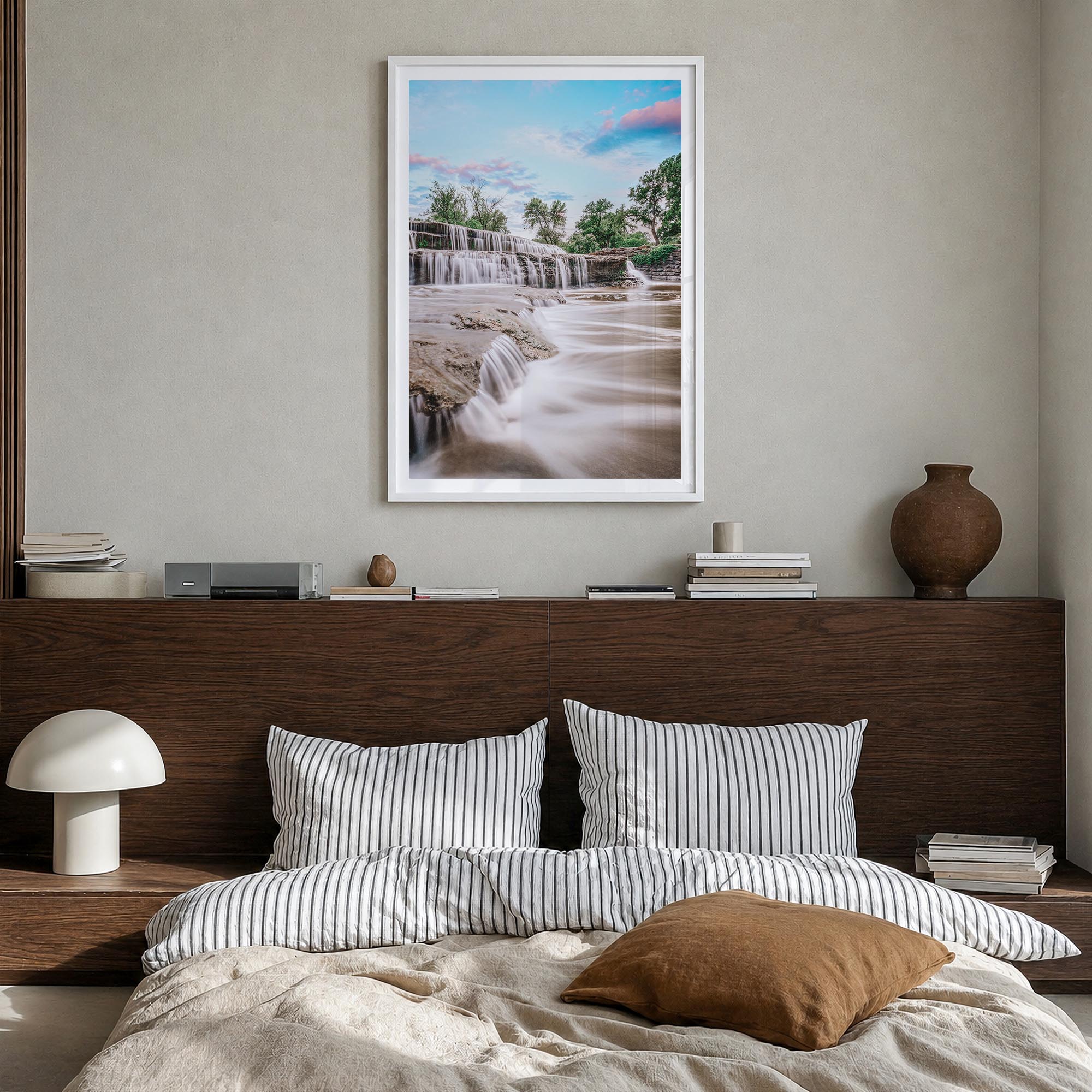 Fort Worth no. 2 colorful photo poster of Texas, USA – vertical wall art in white wood frame with white border, hanging on wa