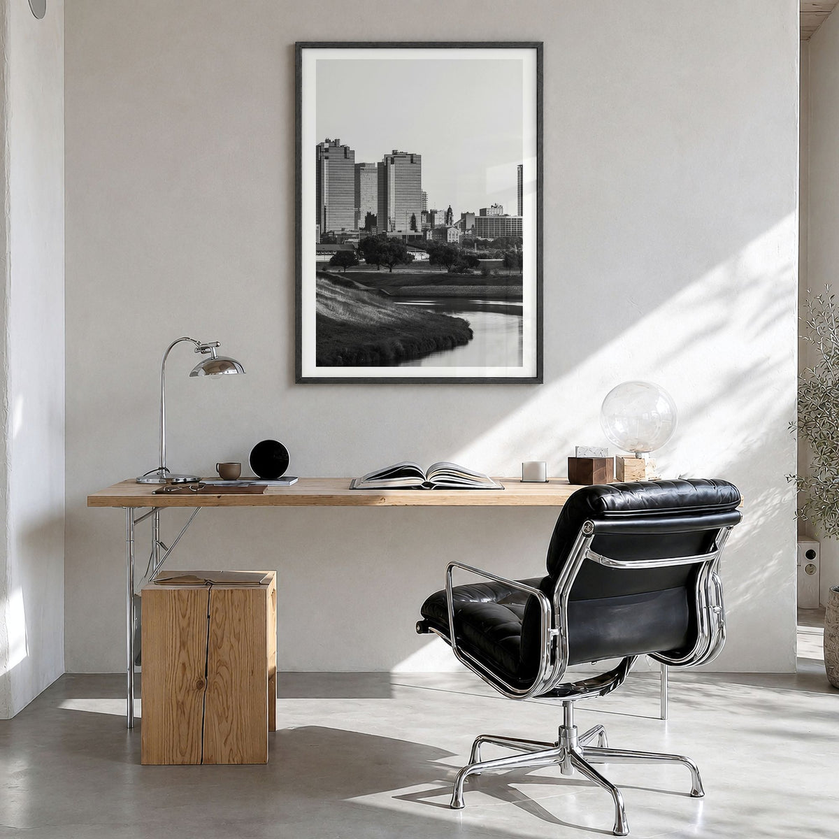 Fort Worth Photo No 1 Poster in a black wood frame, hanging in a bright home office, white border