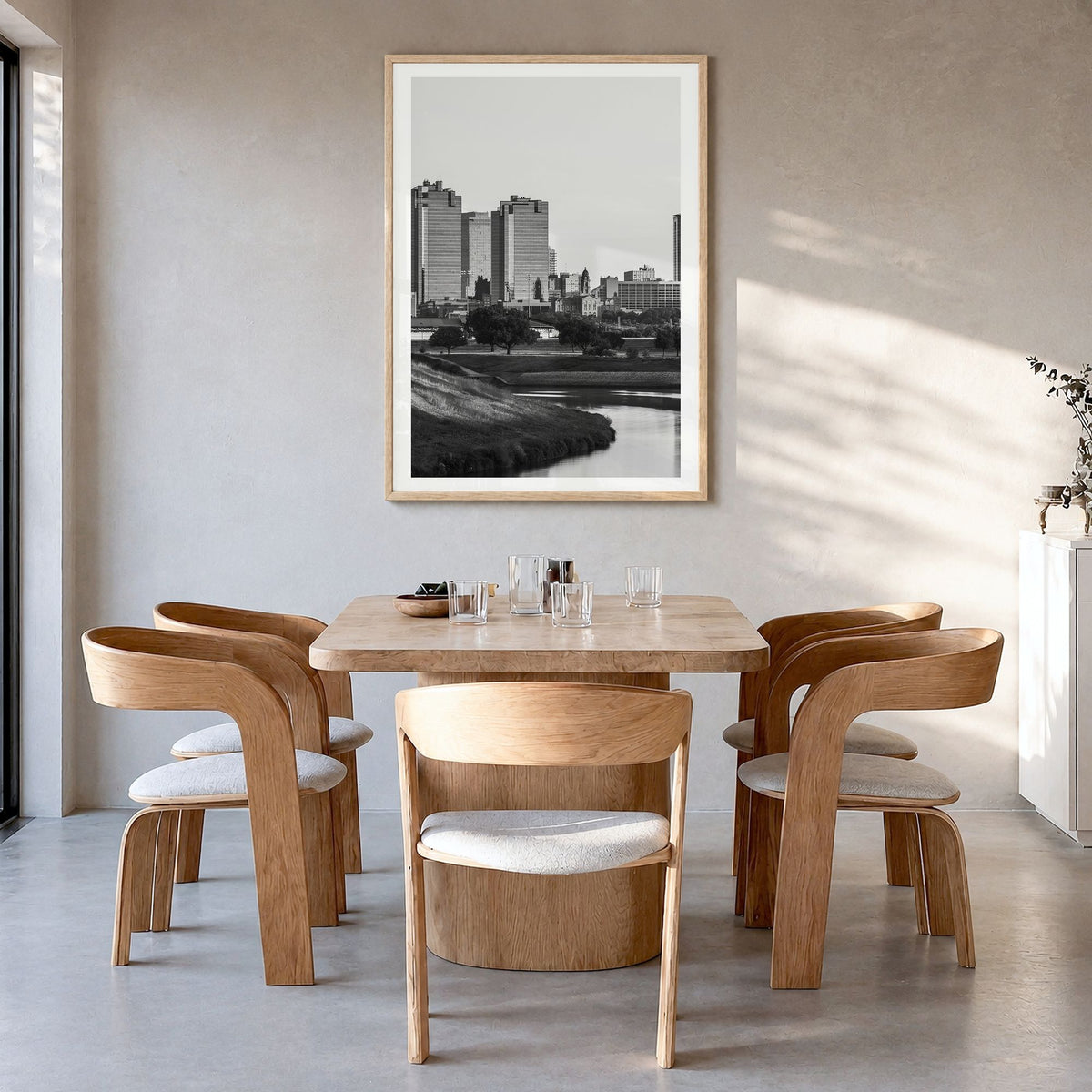 Fort Worth Photo No 1 Poster in a natural wood frame, hanging in a dining room, white border