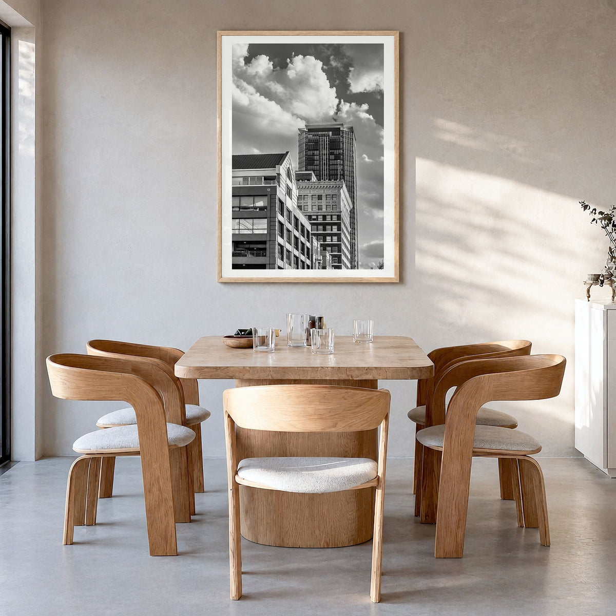 Fort Worth Photo No 2 Poster in a natural wood frame, hanging in a dining room, white border