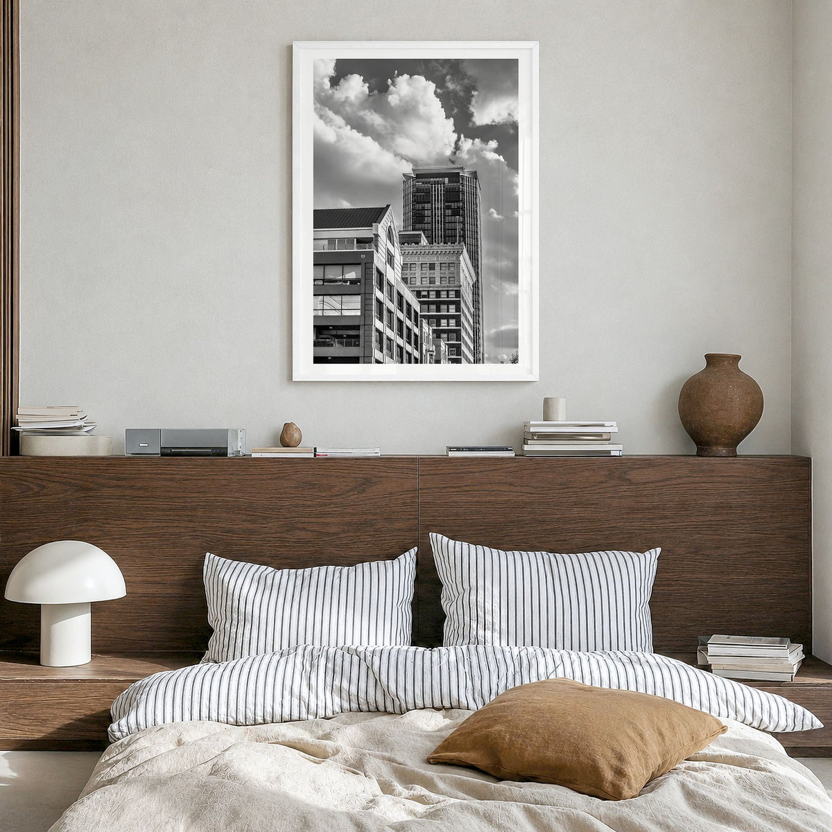 Fort Worth Photo No 2 Poster in a white wood frame, hanging in a bedroom, white border