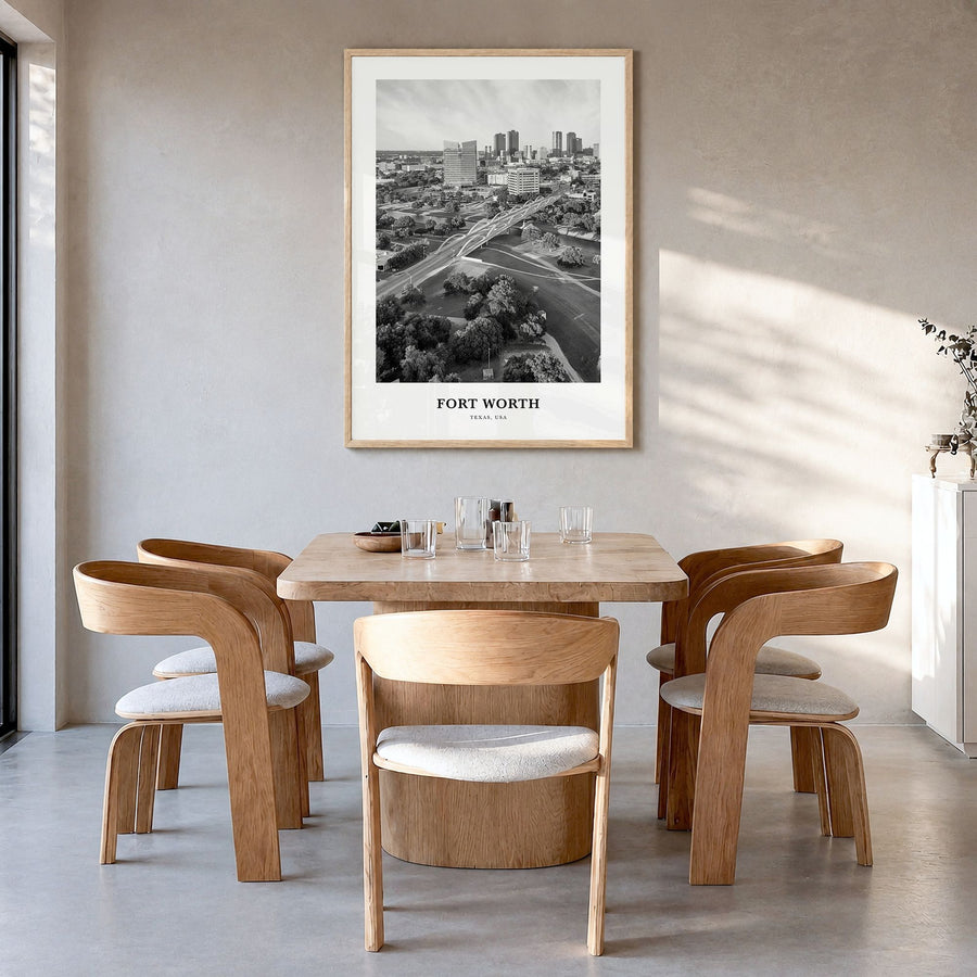 Fort Worth Classic No 1 Poster in a natural wood frame, hanging in a dining room