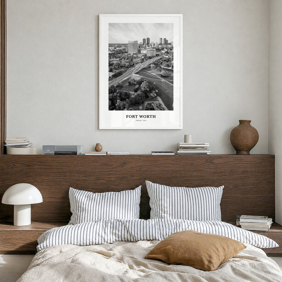 Fort Worth Classic No 1 Poster in a white wood frame, hanging in a bedroom