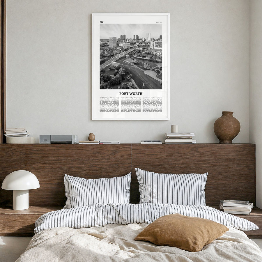 Fort Worth Newspaper No 1 Poster in a white wood frame, hanging in a bedroom