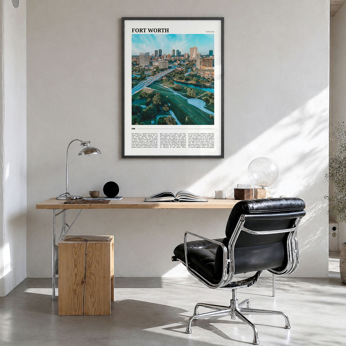 Fort Worth Travel No 2 Poster in a black wood frame, hanging in a bright home office