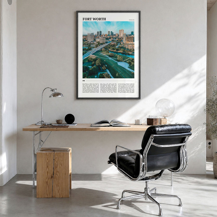 Fort Worth Travel No 2 Poster in a black wood frame, hanging in a bright home office