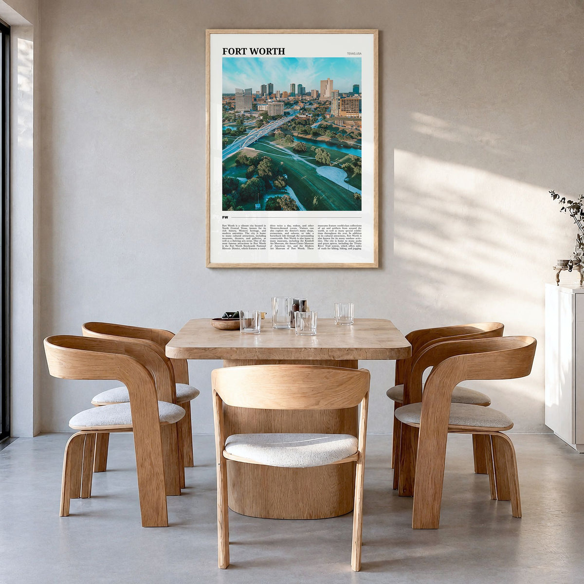 Fort Worth Travel No 2 Poster in a natural wood frame, hanging in a dining room