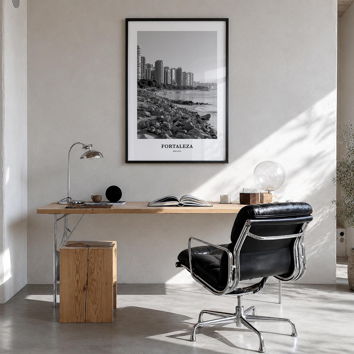 Fortaleza black & white classic poster of Brazil – vertical wall art in black wood frame, hanging on wall
