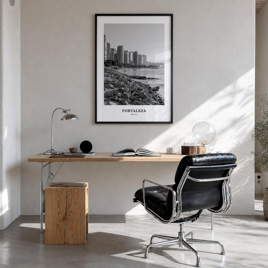 Fortaleza black & white classic poster of Brazil – vertical wall art in black wood frame, hanging on wall