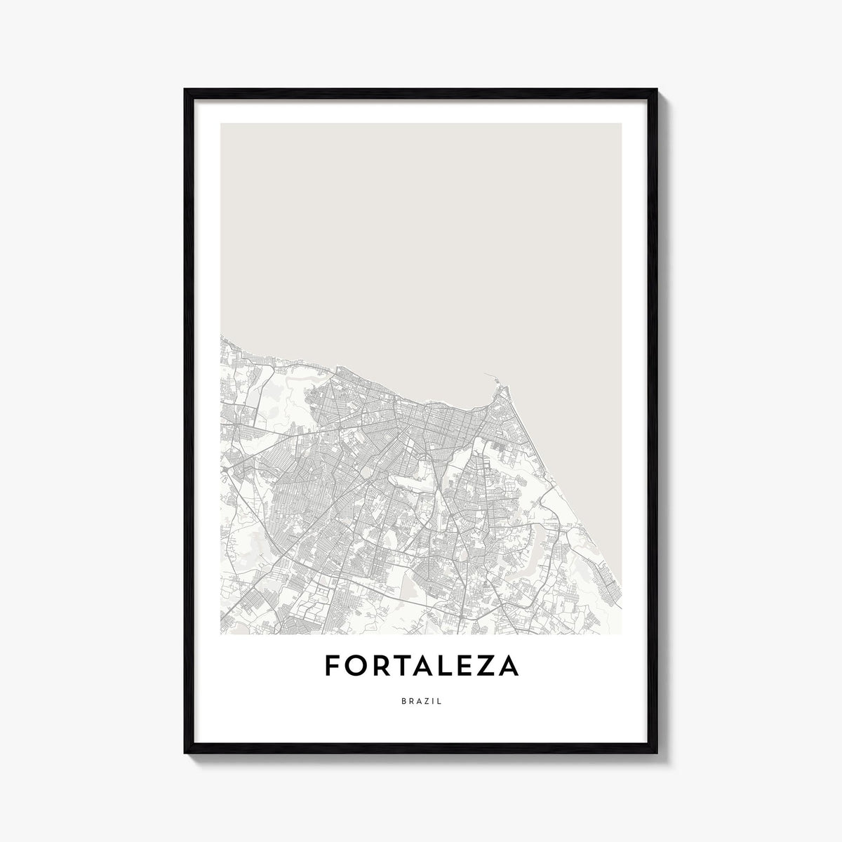 Fortaleza black & white map poster of Brazil – vertical wall art, unframed print shown in interior mockup