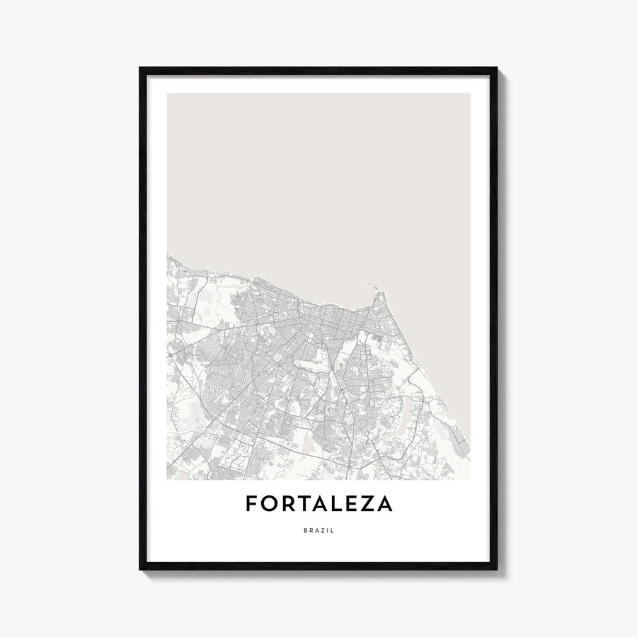 Fortaleza black & white map poster of Brazil – vertical wall art, unframed print shown in interior mockup