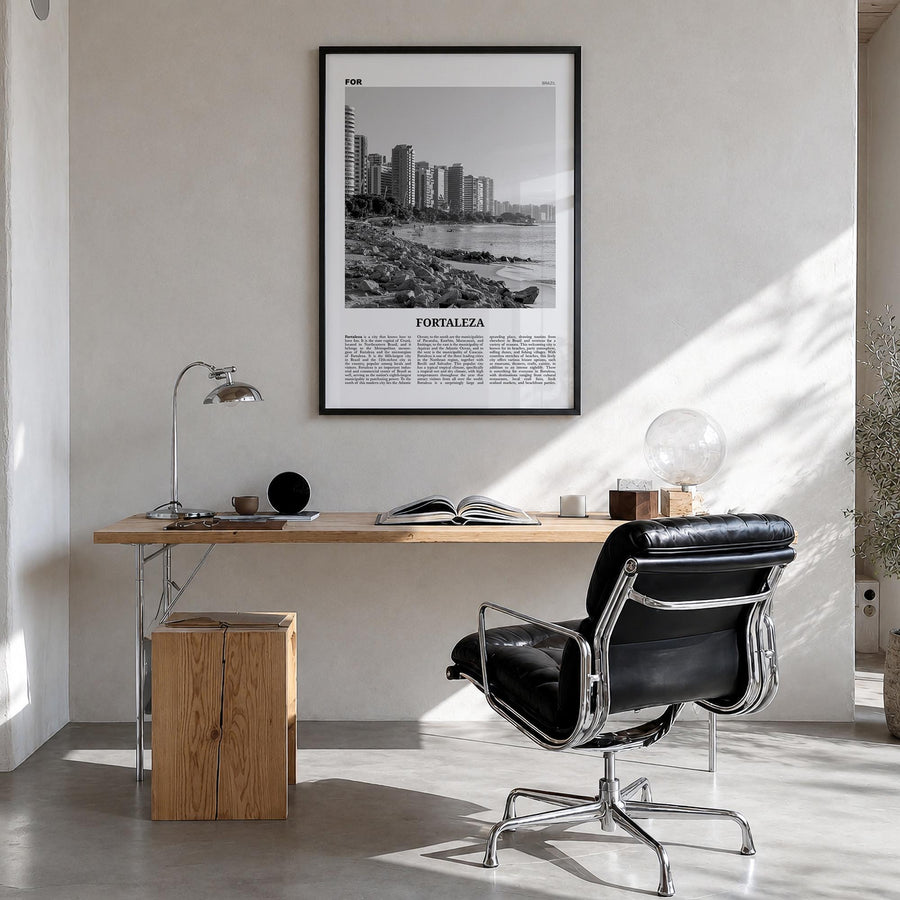 Fortaleza black & white newspaper poster of Brazil – vertical wall art in black wood frame, hanging on wall
