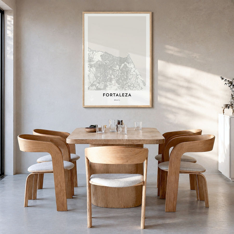 Fortaleza Map Poster in a natural wood frame, hanging in a dining room