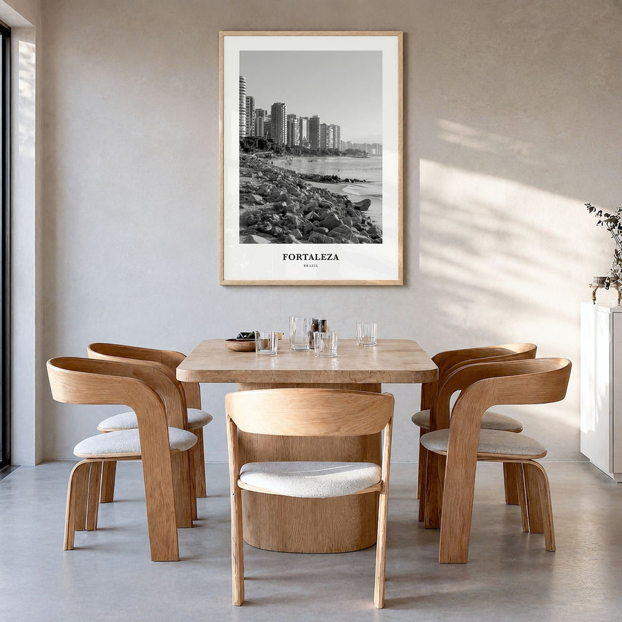 Fortaleza Classic Poster in a natural wood frame, hanging in a dining room