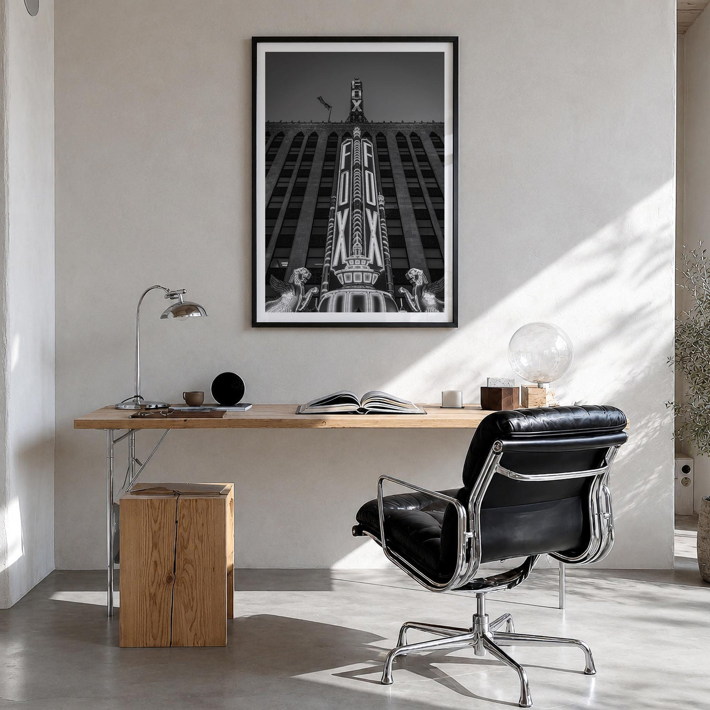 Fox Theater black & white photo poster of Michigan, USA – vertical wall art in black wood frame with white border, hanging on