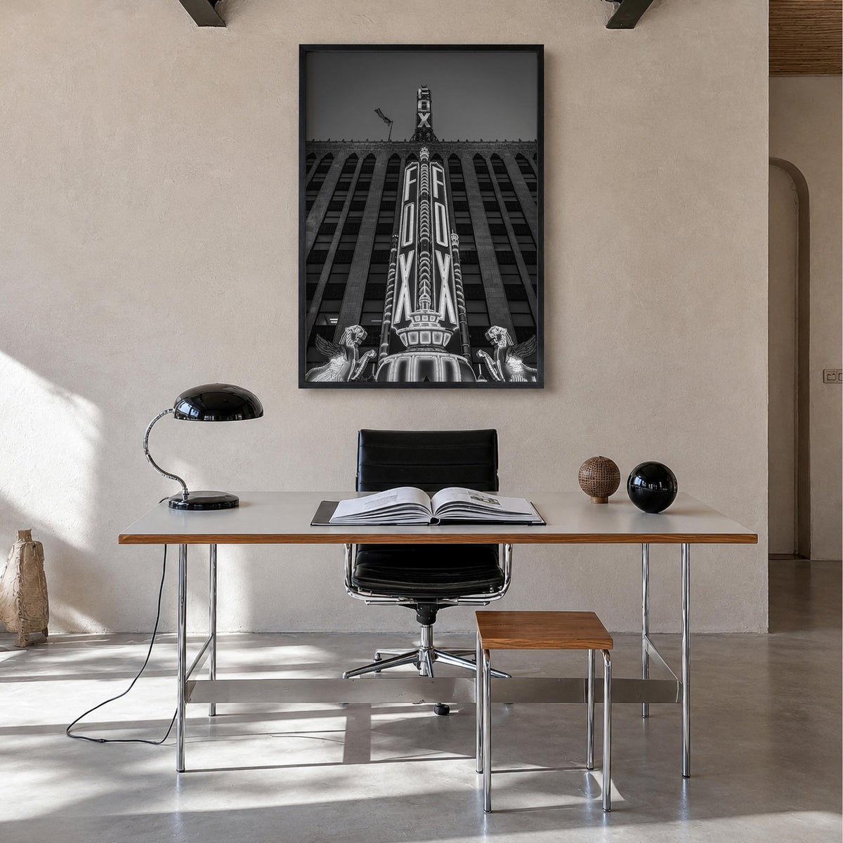 Fox Theater black & white photo poster of Michigan, USA – vertical wall art in black wood frame, hanging on wall