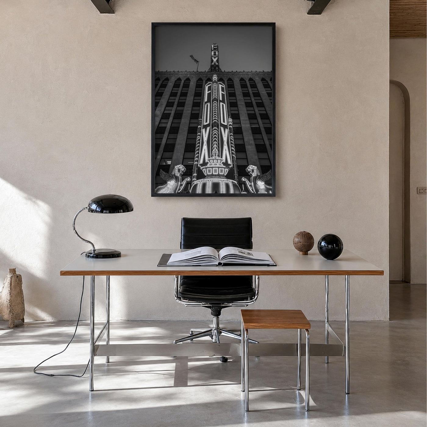Fox Theater black & white photo poster of Michigan, USA – vertical wall art in black wood frame, hanging on wall