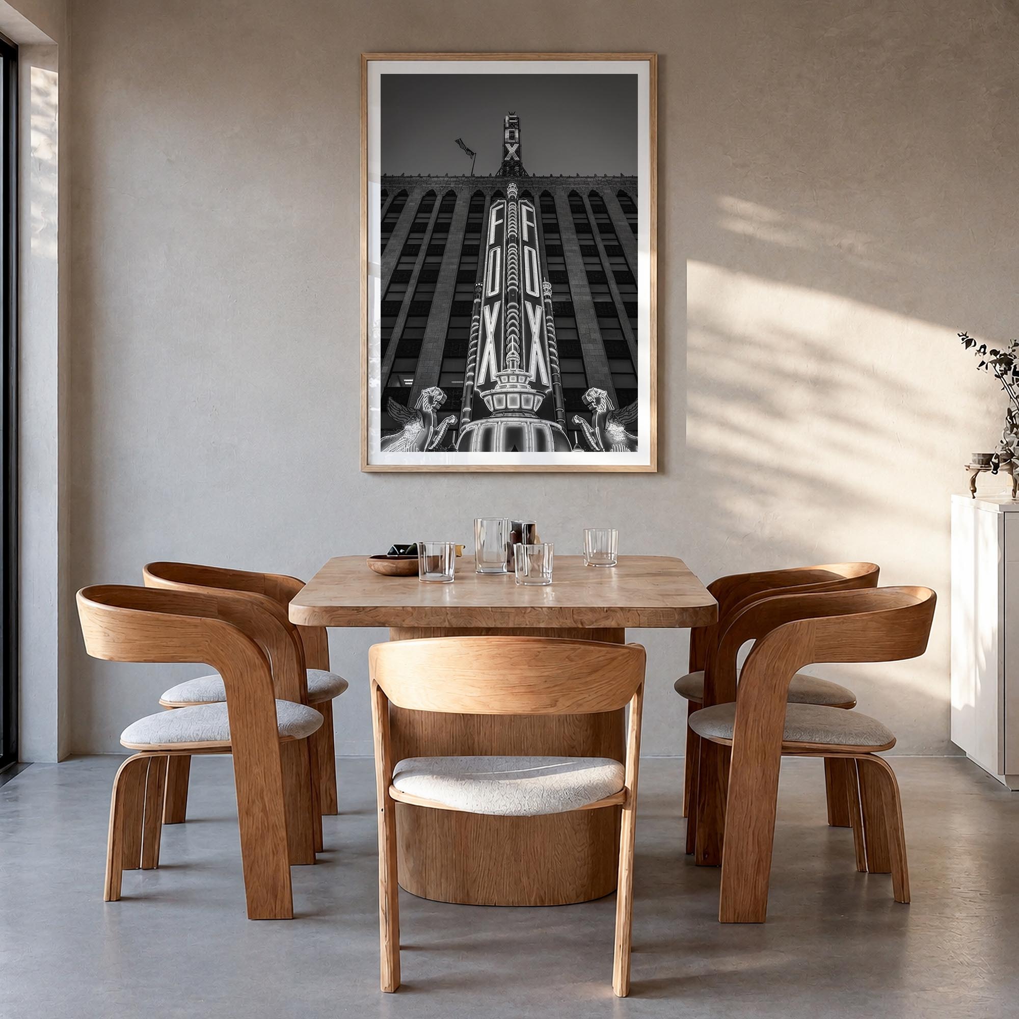 Fox Theater black & white photo poster of Michigan, USA – vertical wall art in natural wood frame with white border, hanging 