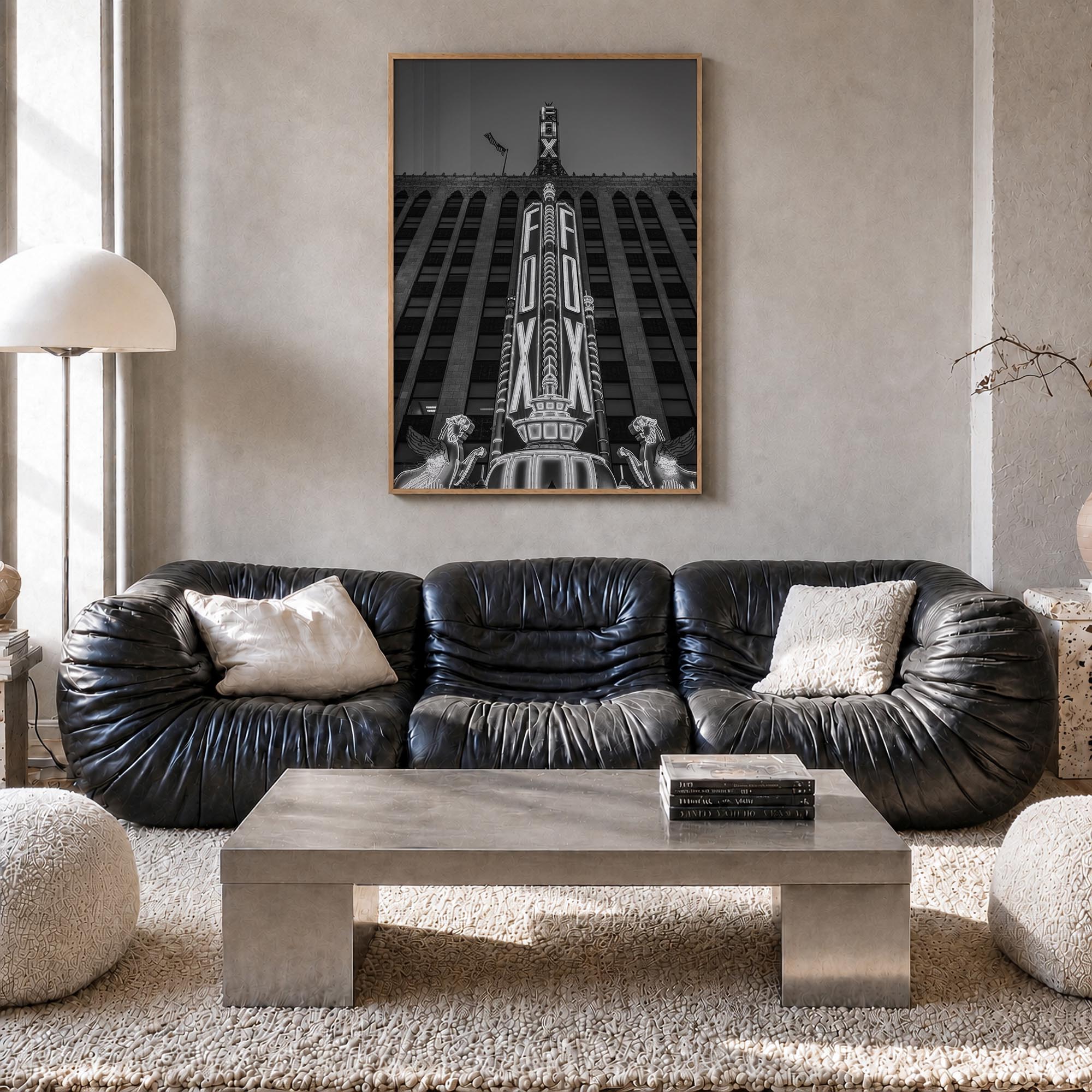 Fox Theater black & white photo poster of Michigan, USA – vertical wall art in natural wood frame, hanging on wall