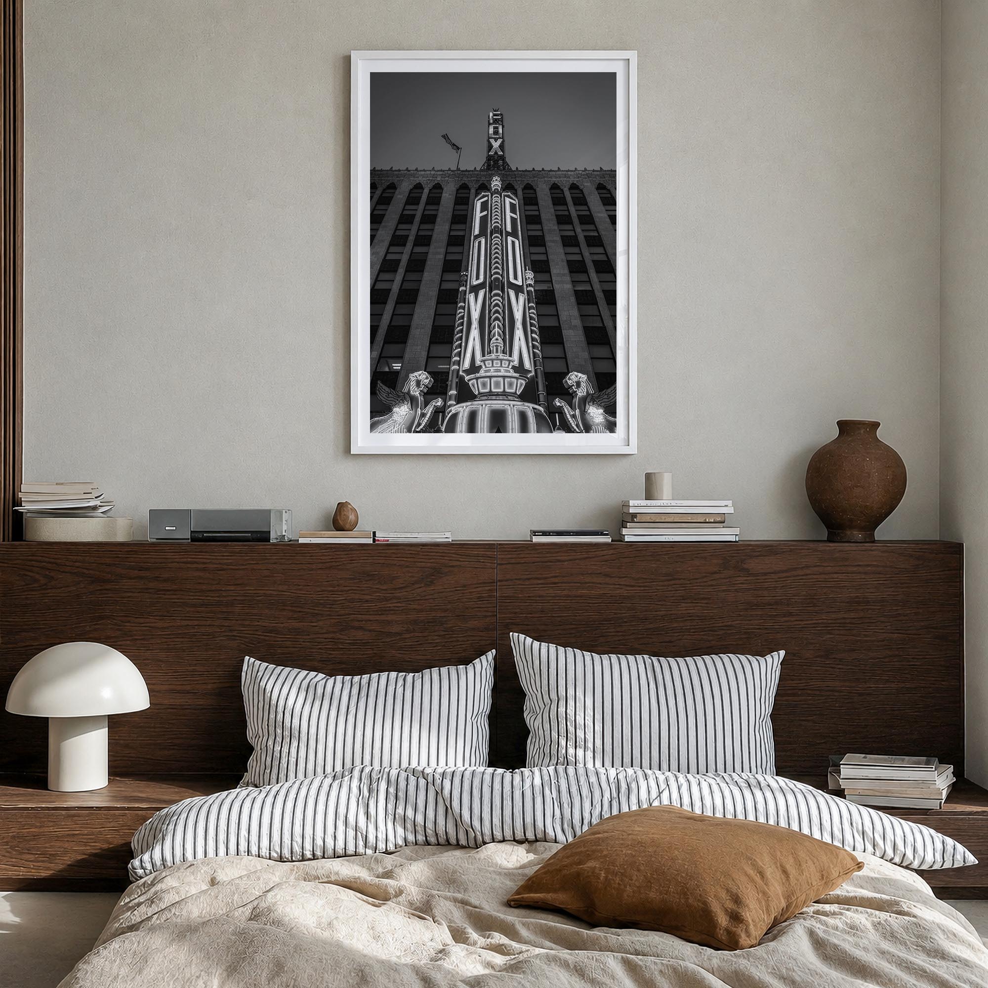 Fox Theater black & white photo poster of Michigan, USA – vertical wall art in white wood frame with white border, hanging on
