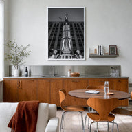 Fox Theater black & white photo poster of Michigan, USA – vertical wall art in white wood frame, hanging on wall