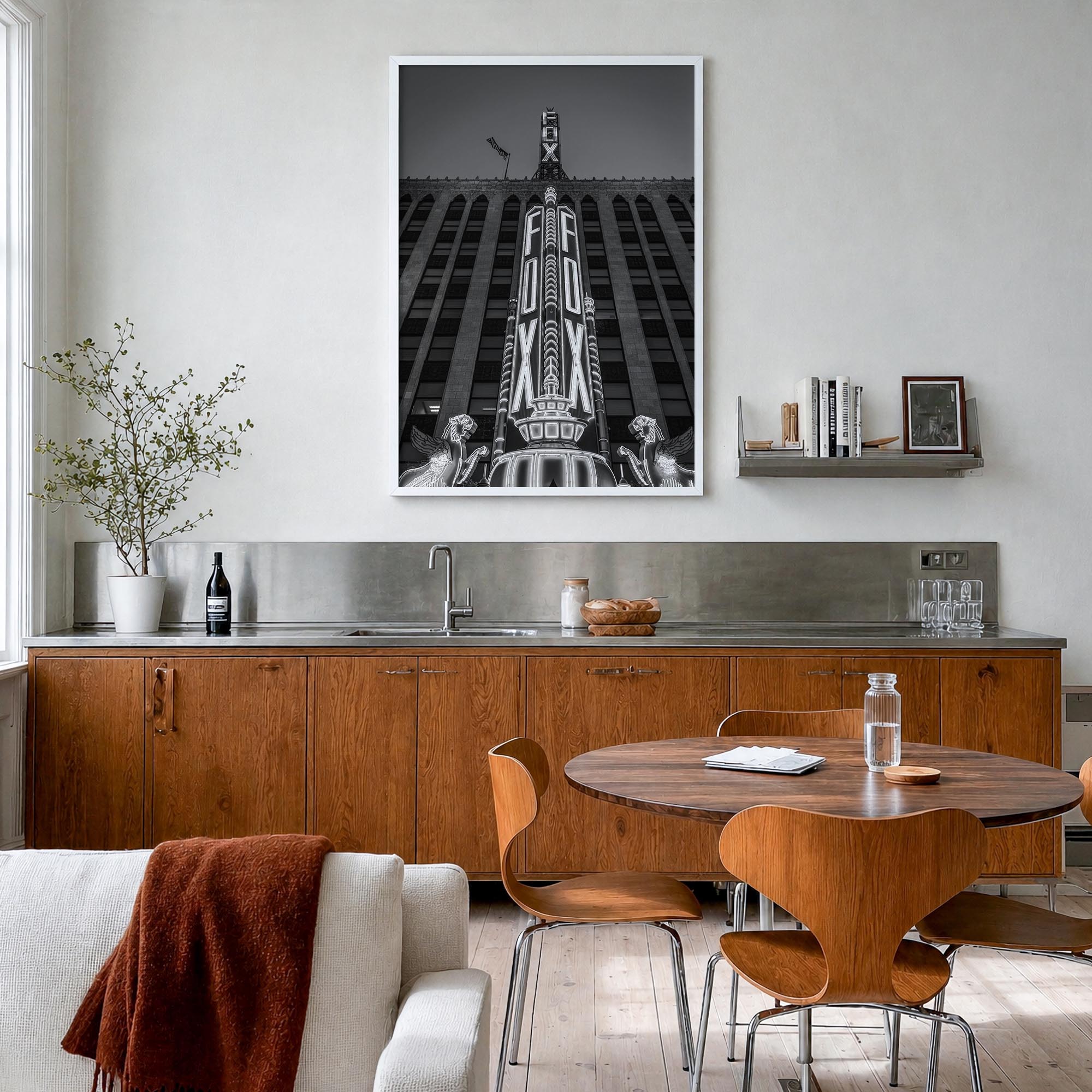 Fox Theater black & white photo poster of Michigan, USA – vertical wall art in white wood frame, hanging on wall