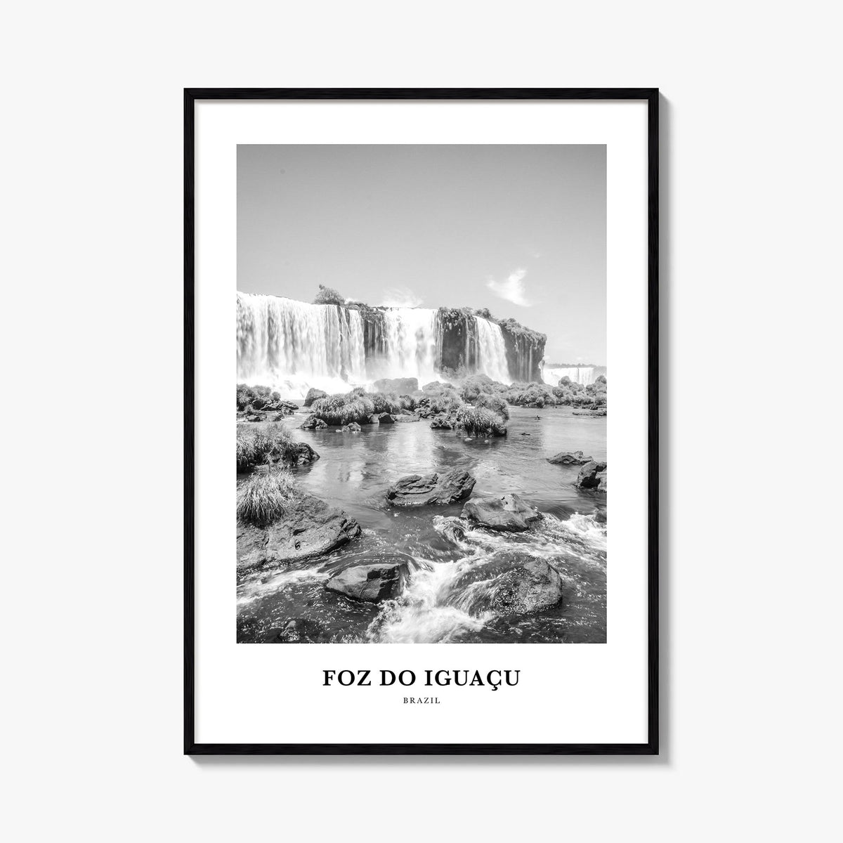 Foz do Iguaçu black & white classic poster of Brazil – vertical wall art, unframed print shown in interior mockup