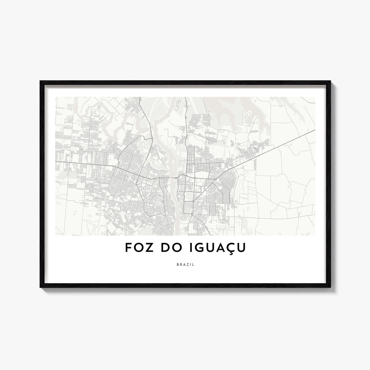 Foz do Iguaçu black & white map poster of Brazil – horizontal wall art, unframed print shown in interior mockup
